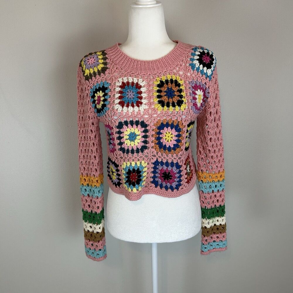 Debut Sweater Granny Square Crochet Open Knit Pullover Crew Cropped Boho Small